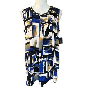 NWT Alfani Geometric Sleeveless Faux Leather Trim Tank Top SZ 8 Modern Collage